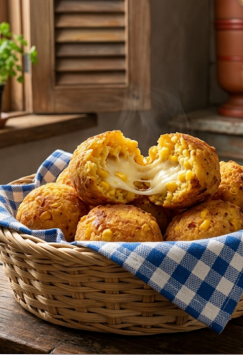 Bolinhos de milho com queijo assados, dourados, servidos em uma cesta de palha, com um deles aberto mostrando o interior macio.